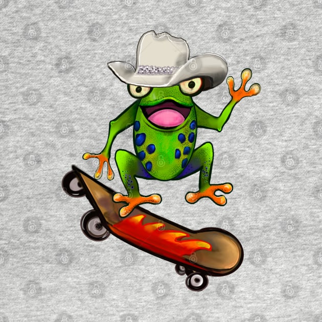 Frog - Kawaii Froggy Skateboarding Cute Frog Texas cowboy hat Funny toad toads amphibian tadpole Green Red eyed tree frogs rain forest Lizard dragon zoology gift frog by Artonmytee